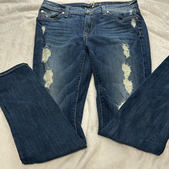 7 For All Mankind Denim - 7 For All Mankind Dark Blue Distressed Straight Leg Jeans